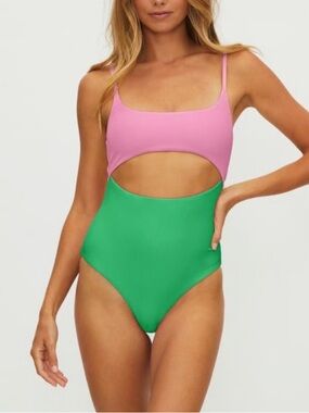 Beach Riot XS Ray One piece swimsuit Cut out Pink green Ribbed High cut Cheeky